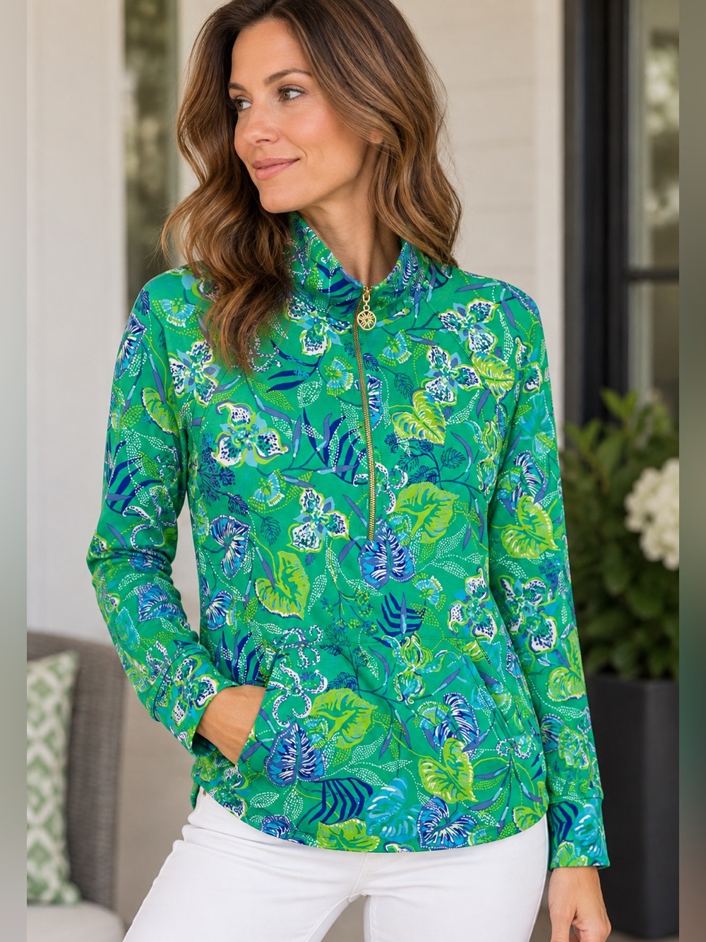 Lilly Pulitzer Finn Half-Zip Pullover Green Tropical Floral Size S